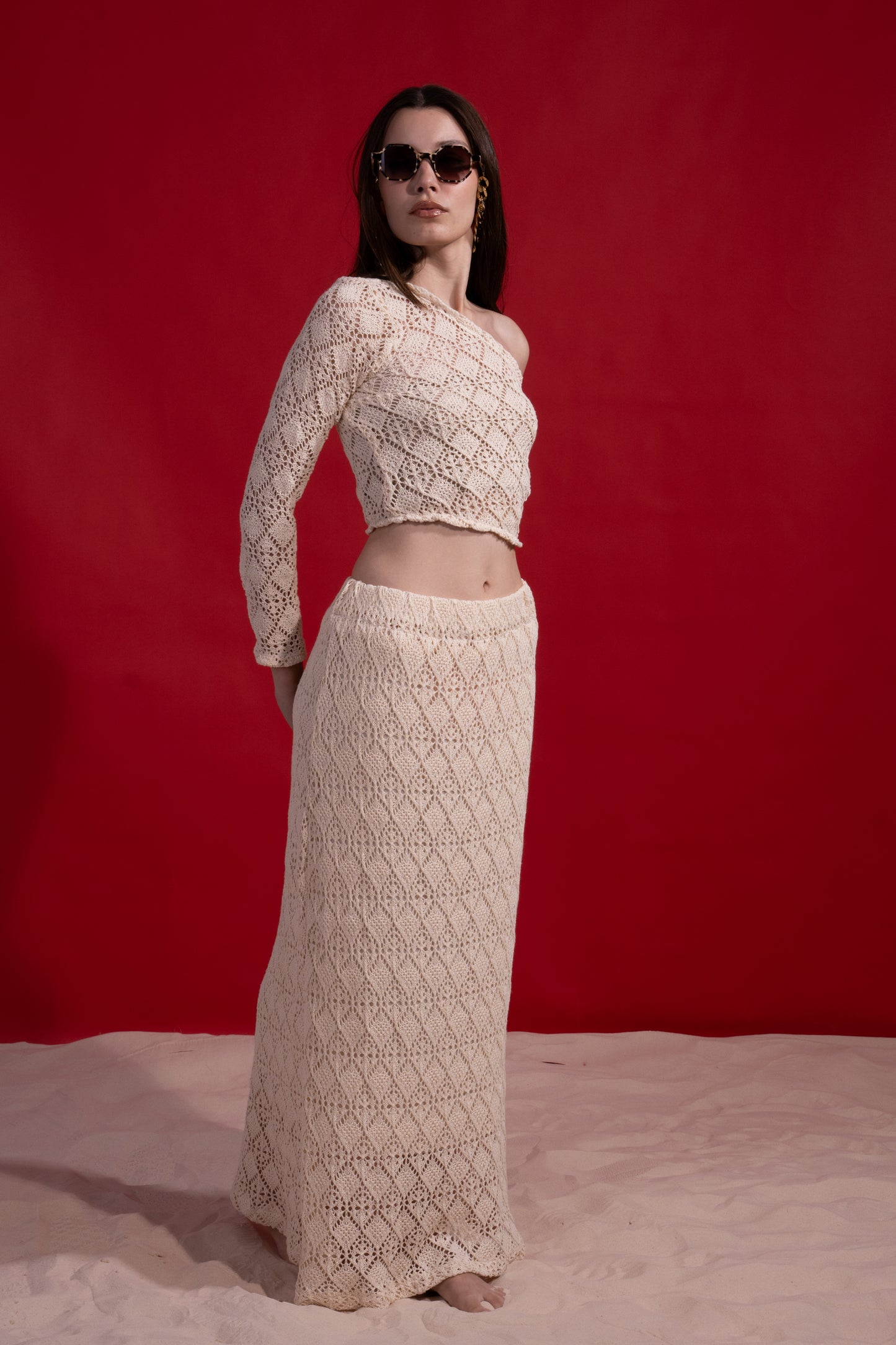 One shoulder knitted beige crochet set