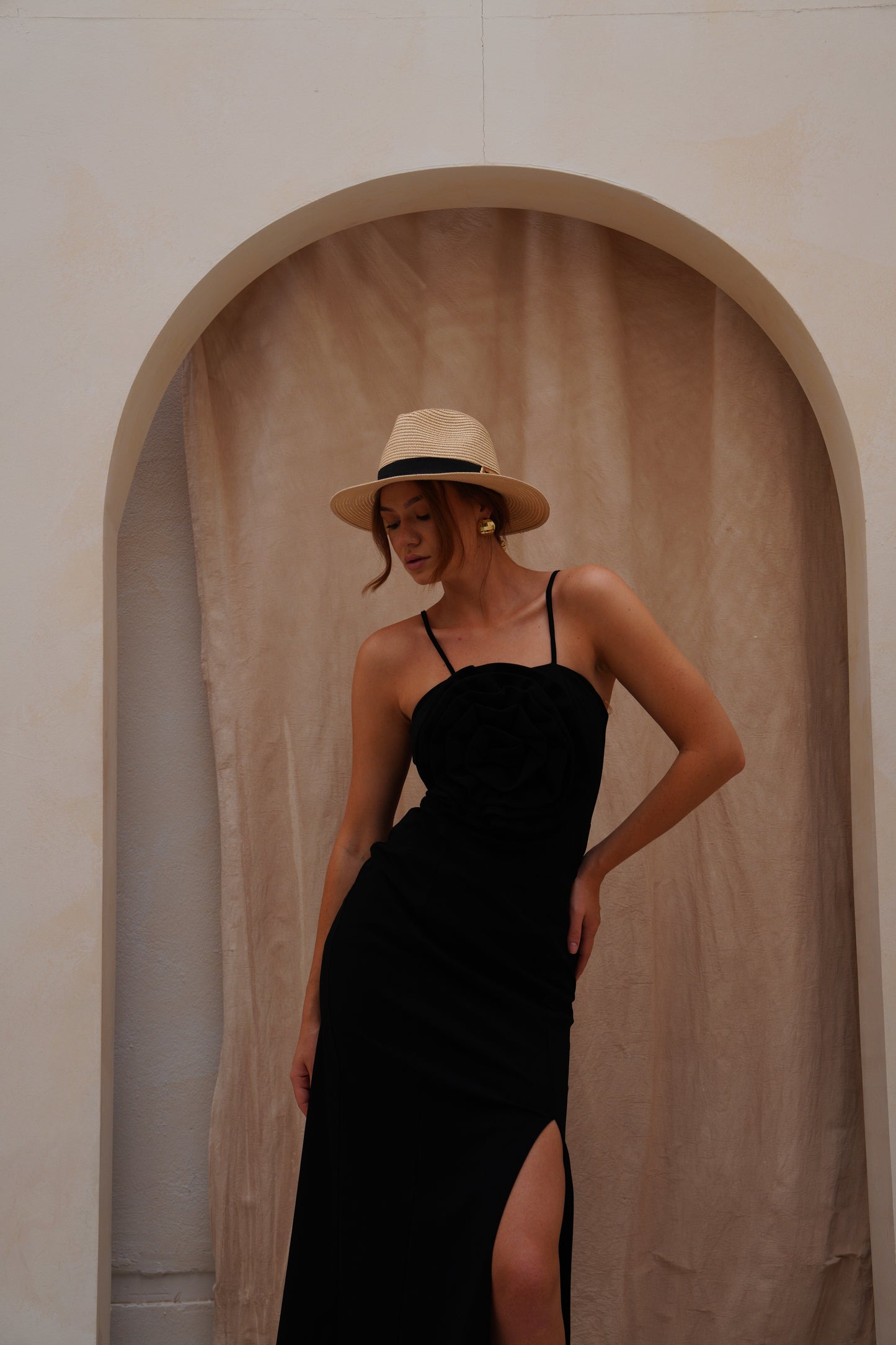 Black flower tide long dress wz slit