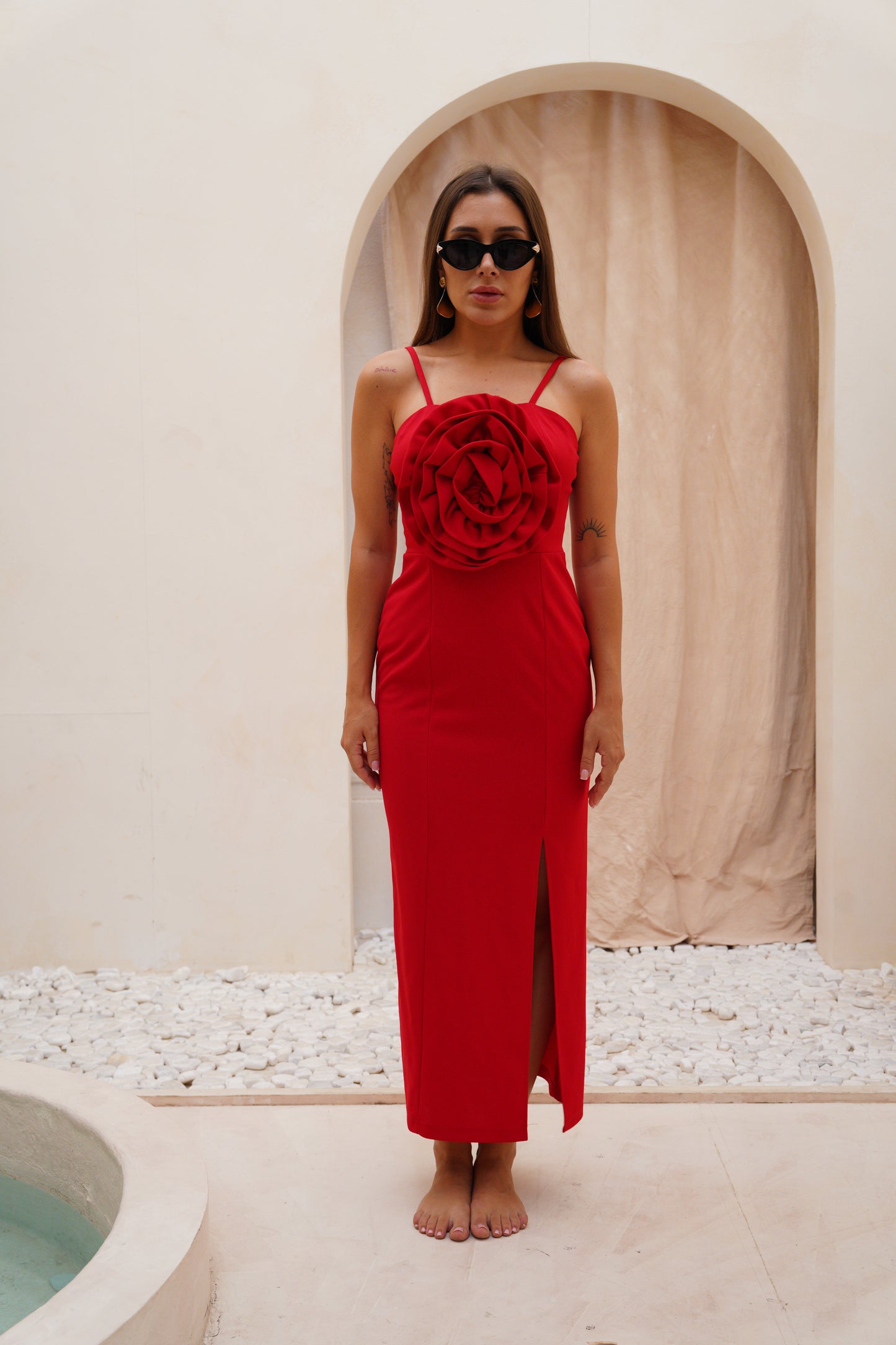 Red flower tide long dress wz slit