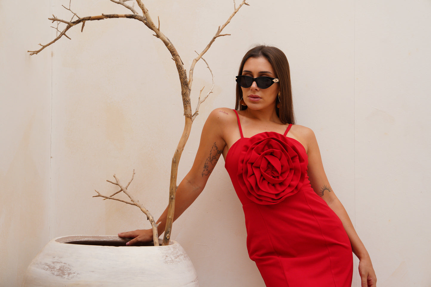Red flower tide long dress wz slit