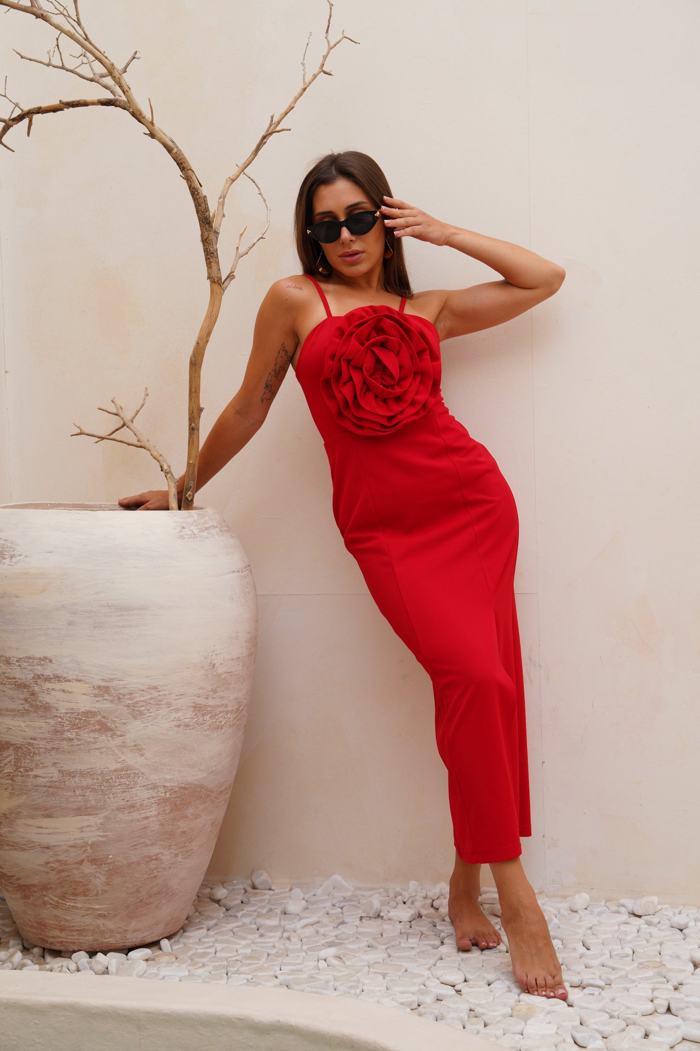 Red flower tide long dress wz slit