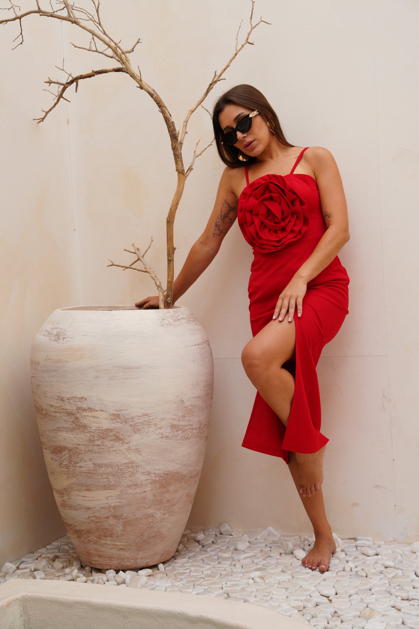 Red flower tide long dress wz slit