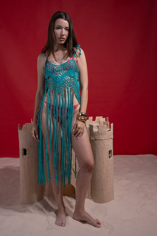 Turquoise handmade coverup with long fringes