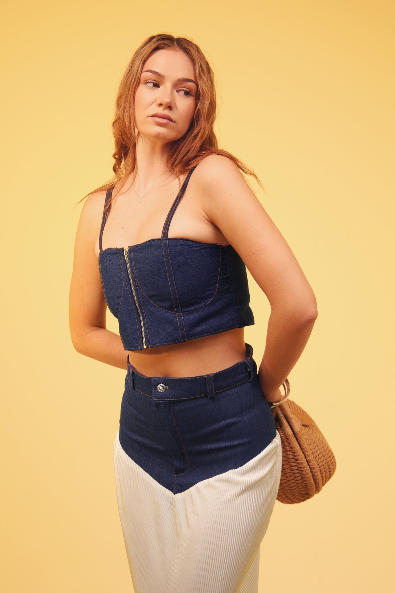 Denim Panel Maxi Skirt & Zip Crop Top