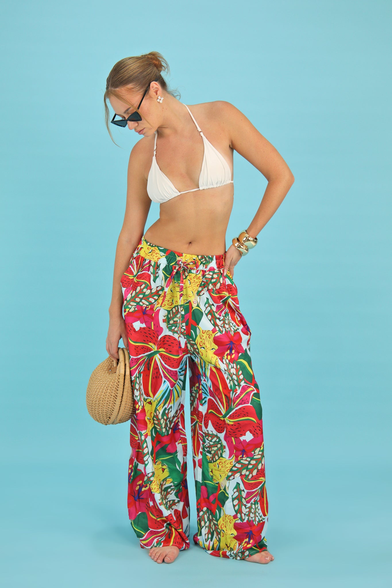 Tropical Red Floral Wide-Leg Pants