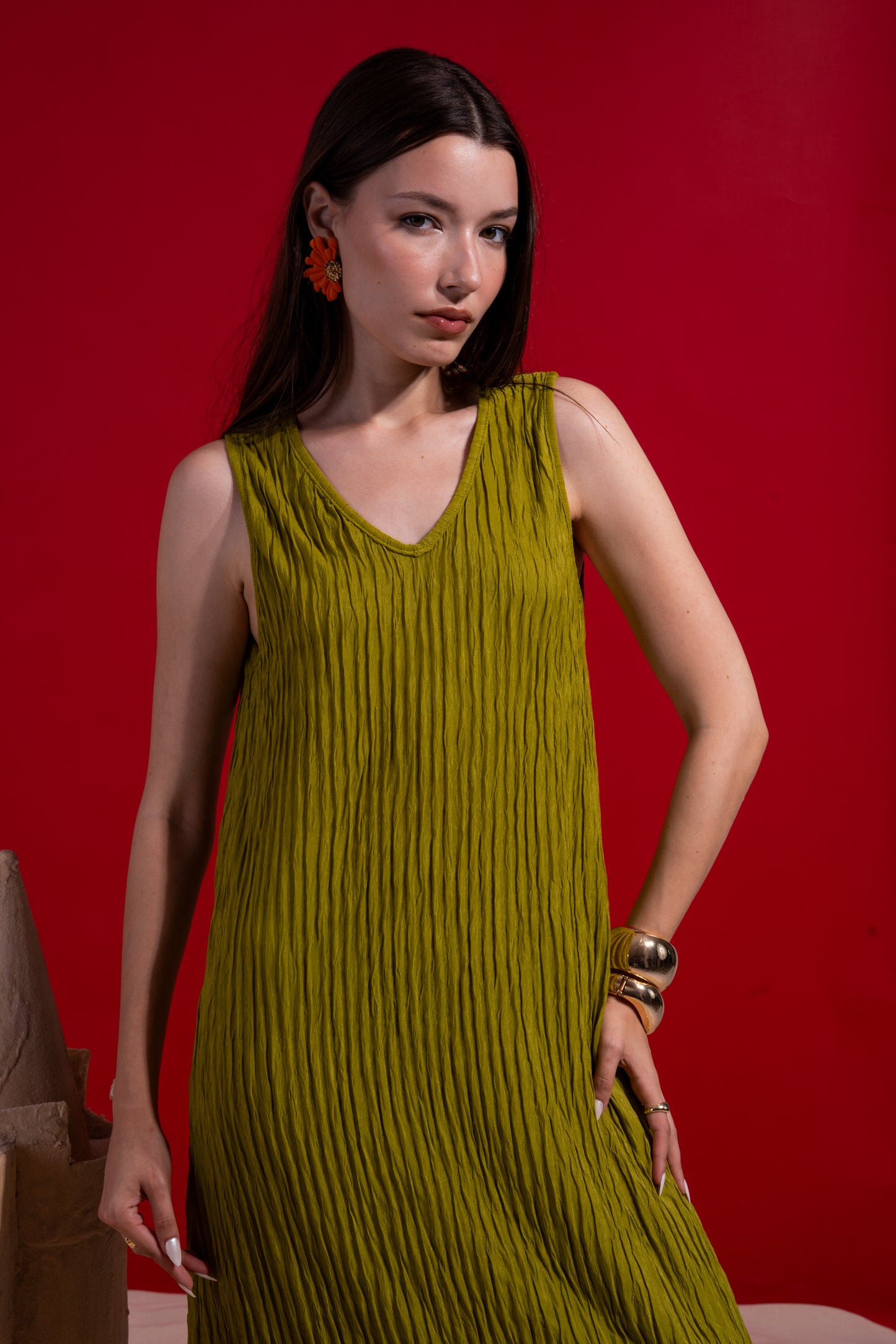 Green cut long dress