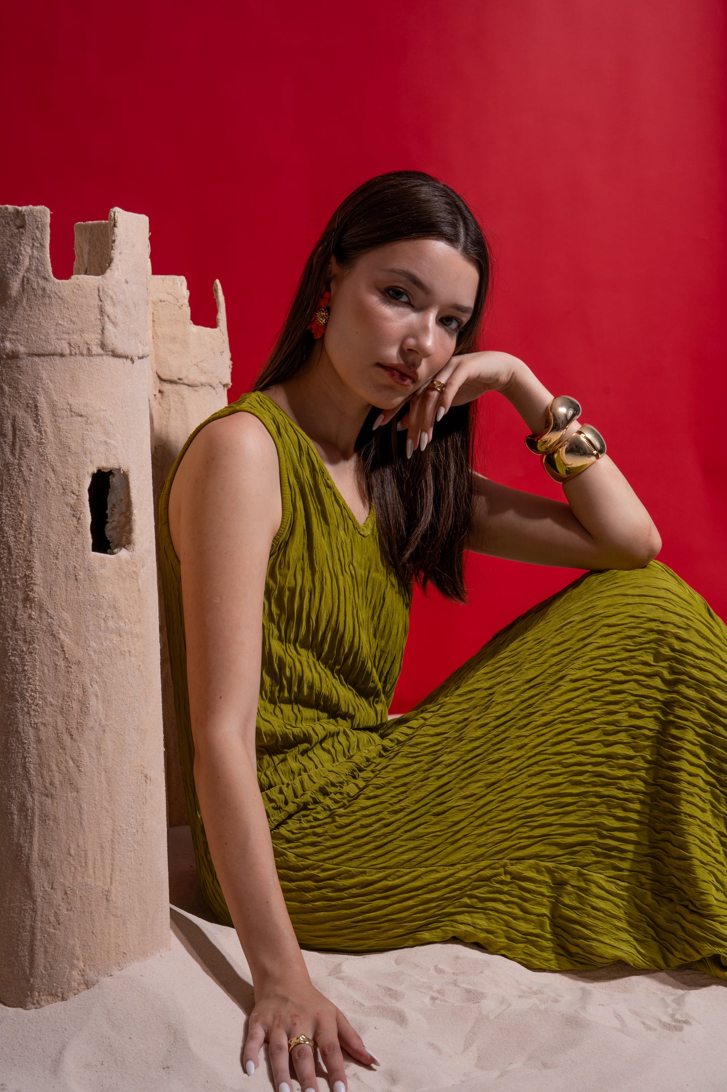 Green cut long dress