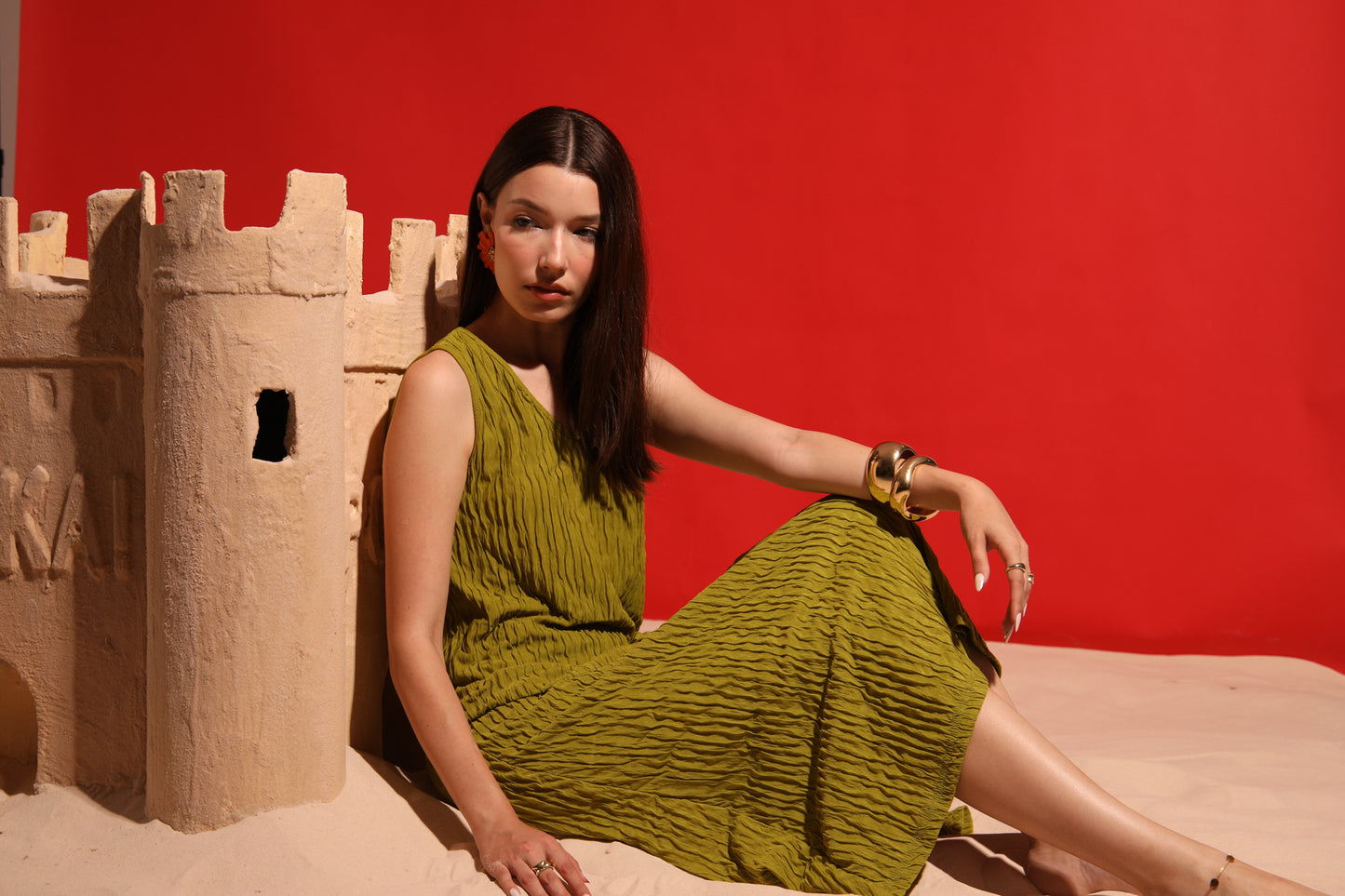 Green cut long dress