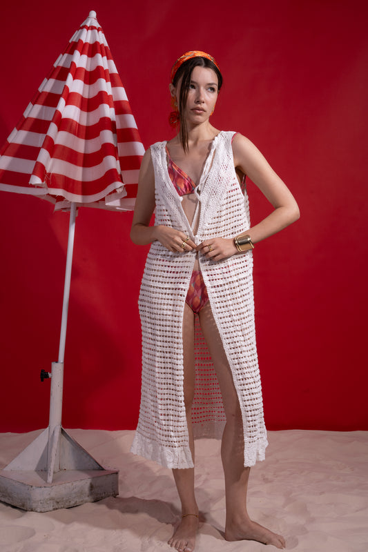 White cut open long knitted coverup