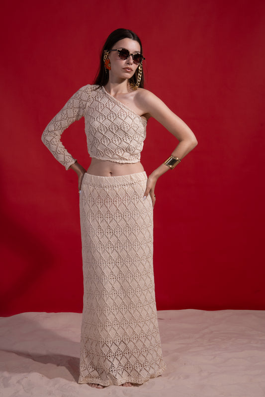 One shoulder knitted beige crochet set