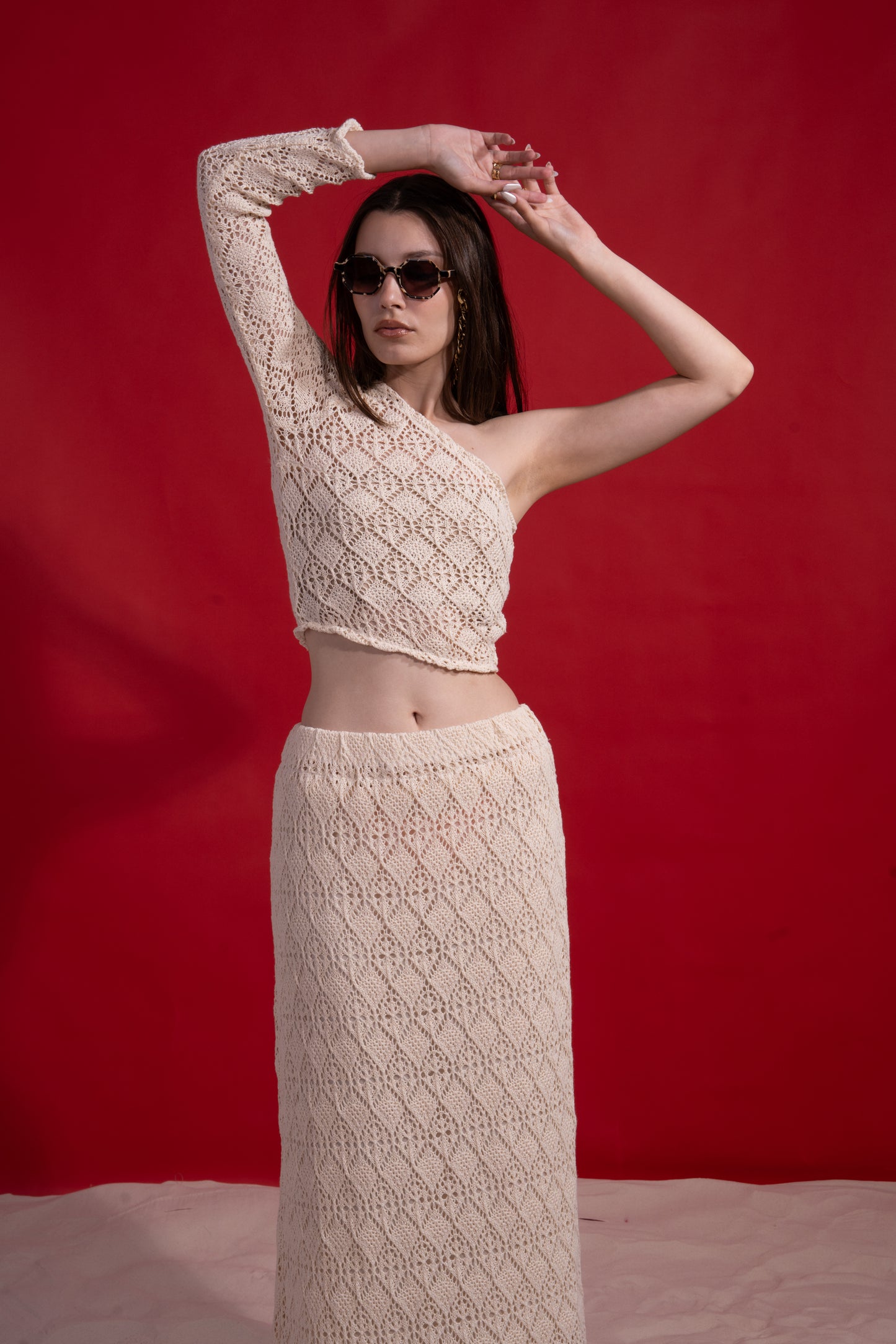 One shoulder knitted beige crochet set