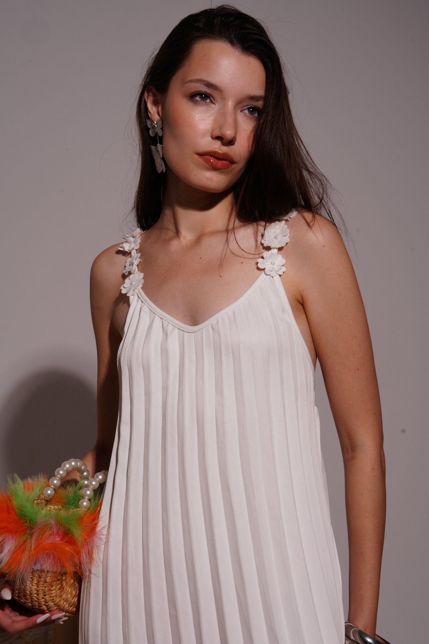 Bleese long white dress with flower strap