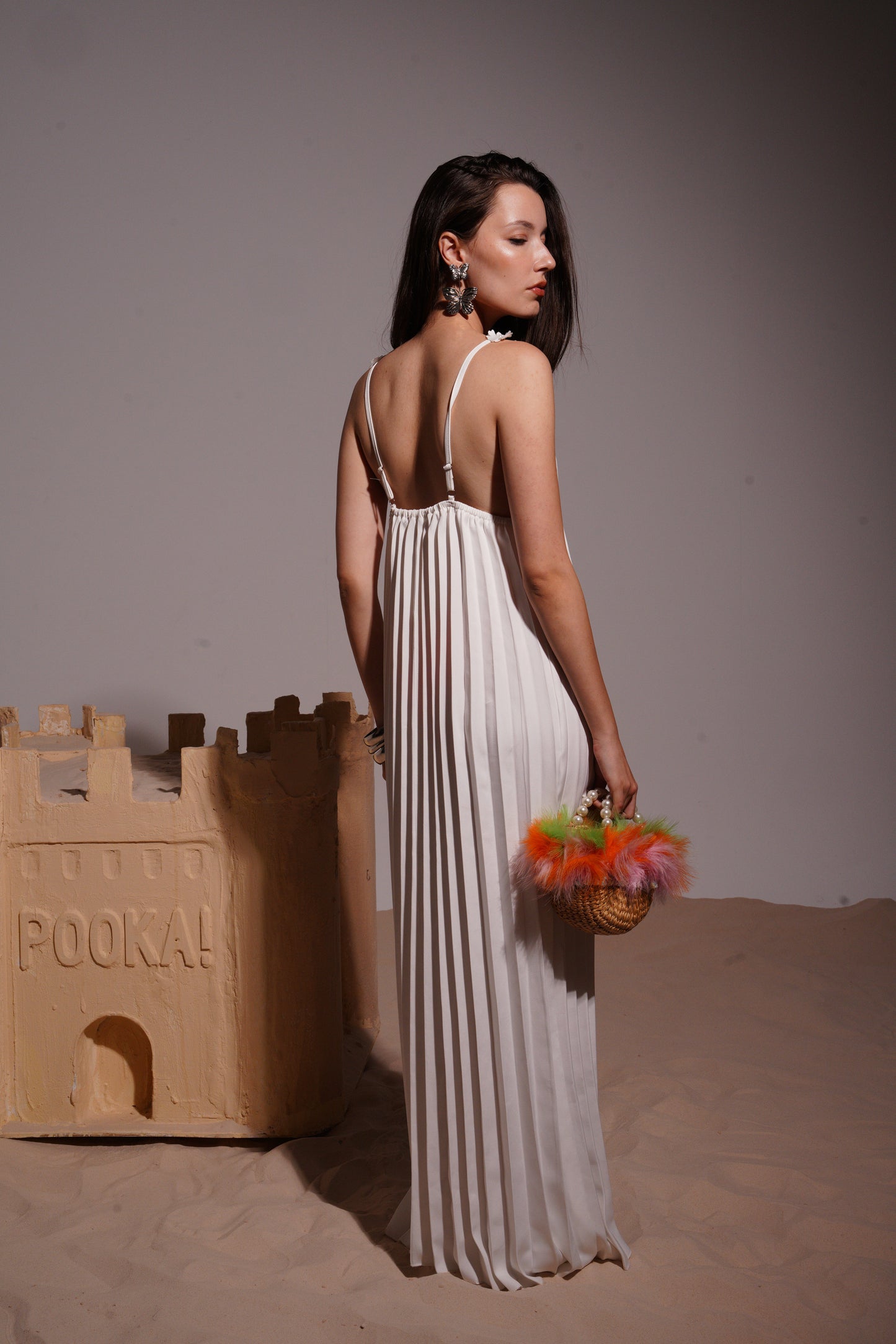 Bleese long white dress with flower strap