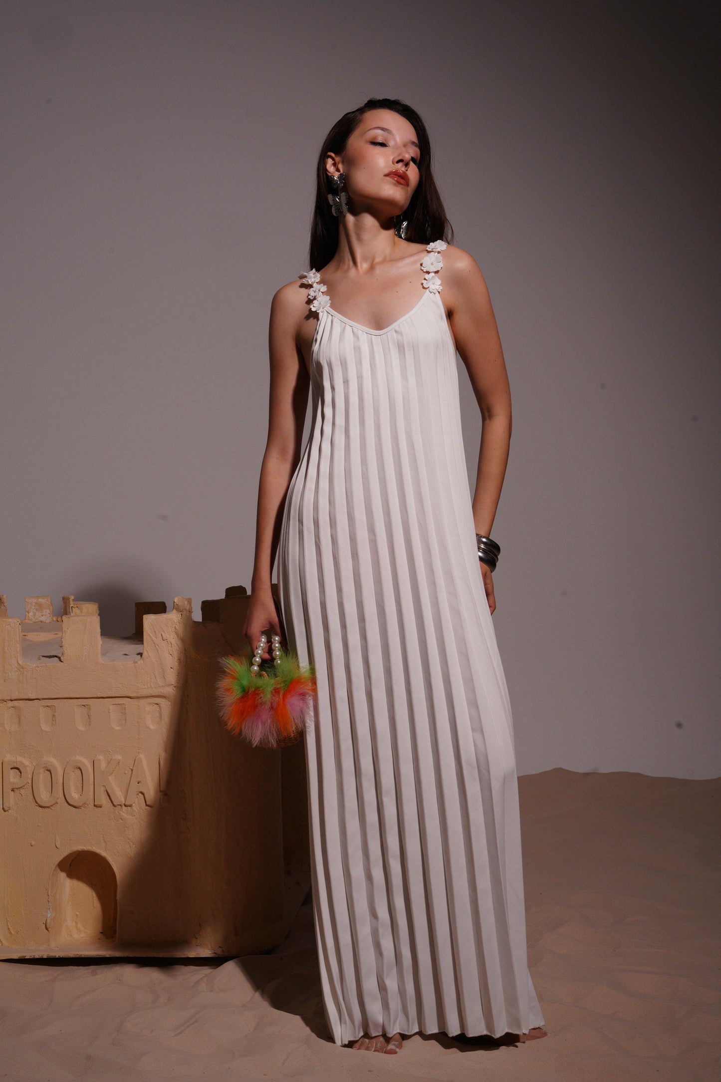 Bleese long white dress with flower strap