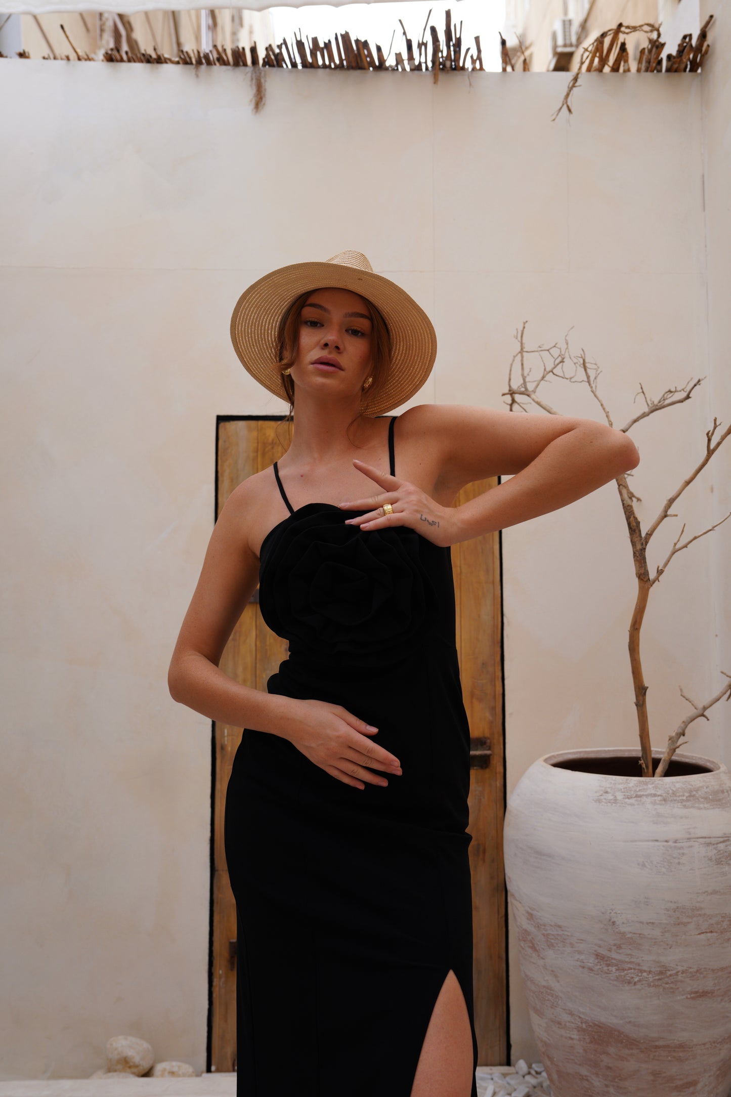 Black flower tide long dress wz slit