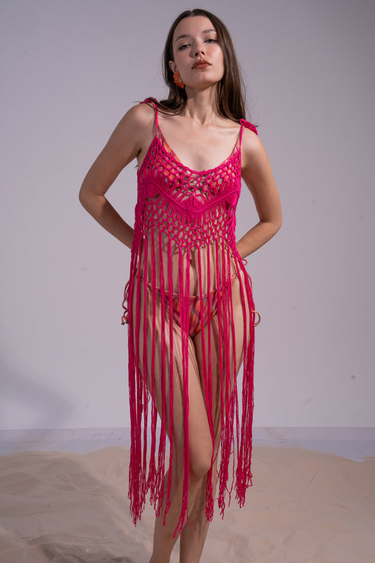 Hot pink coverup with long fringes