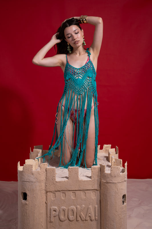 Turquoise handmade coverup with long fringes