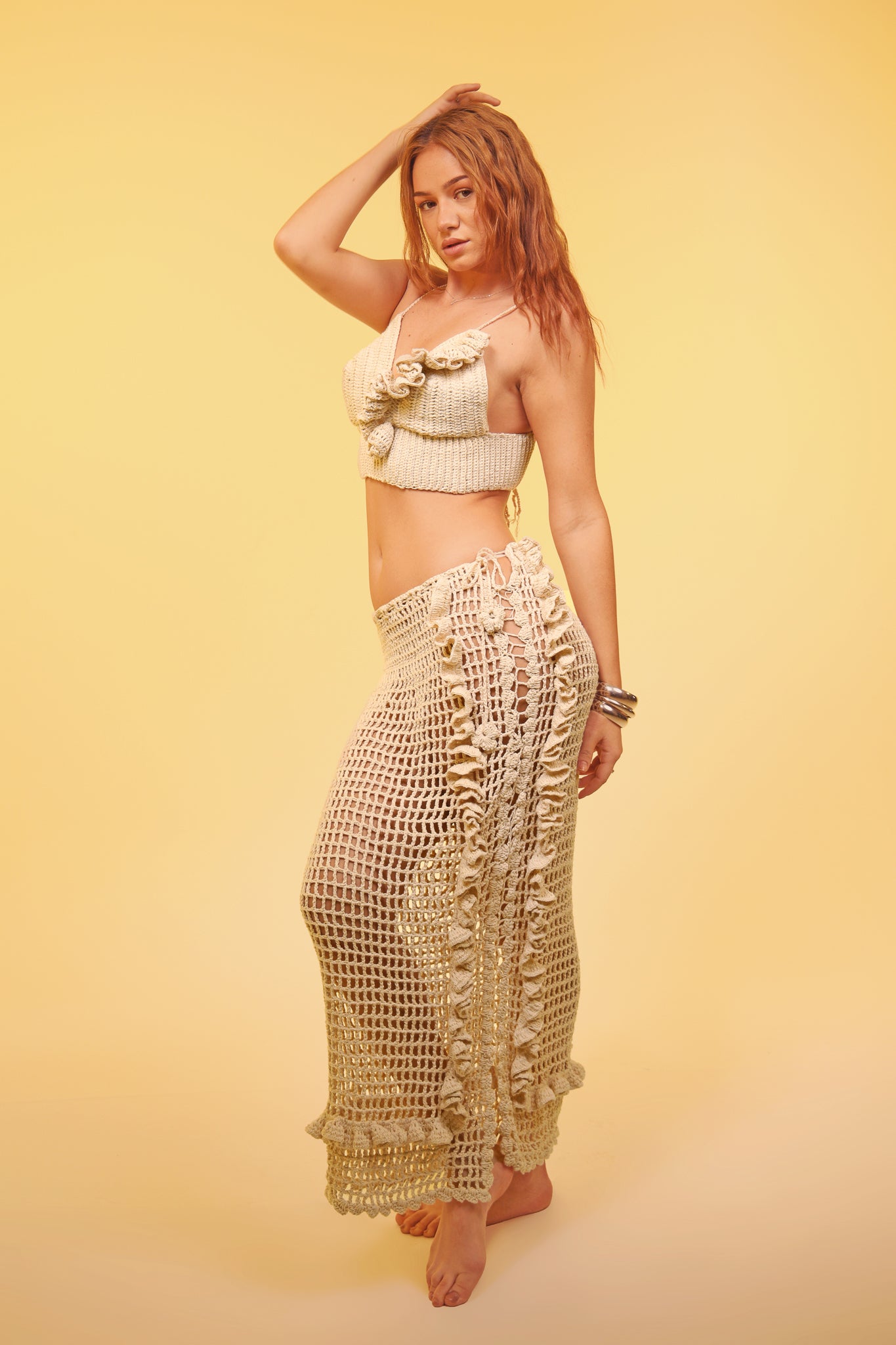 Beige Crochet Frill Crop Top & Maxi Skirt Set