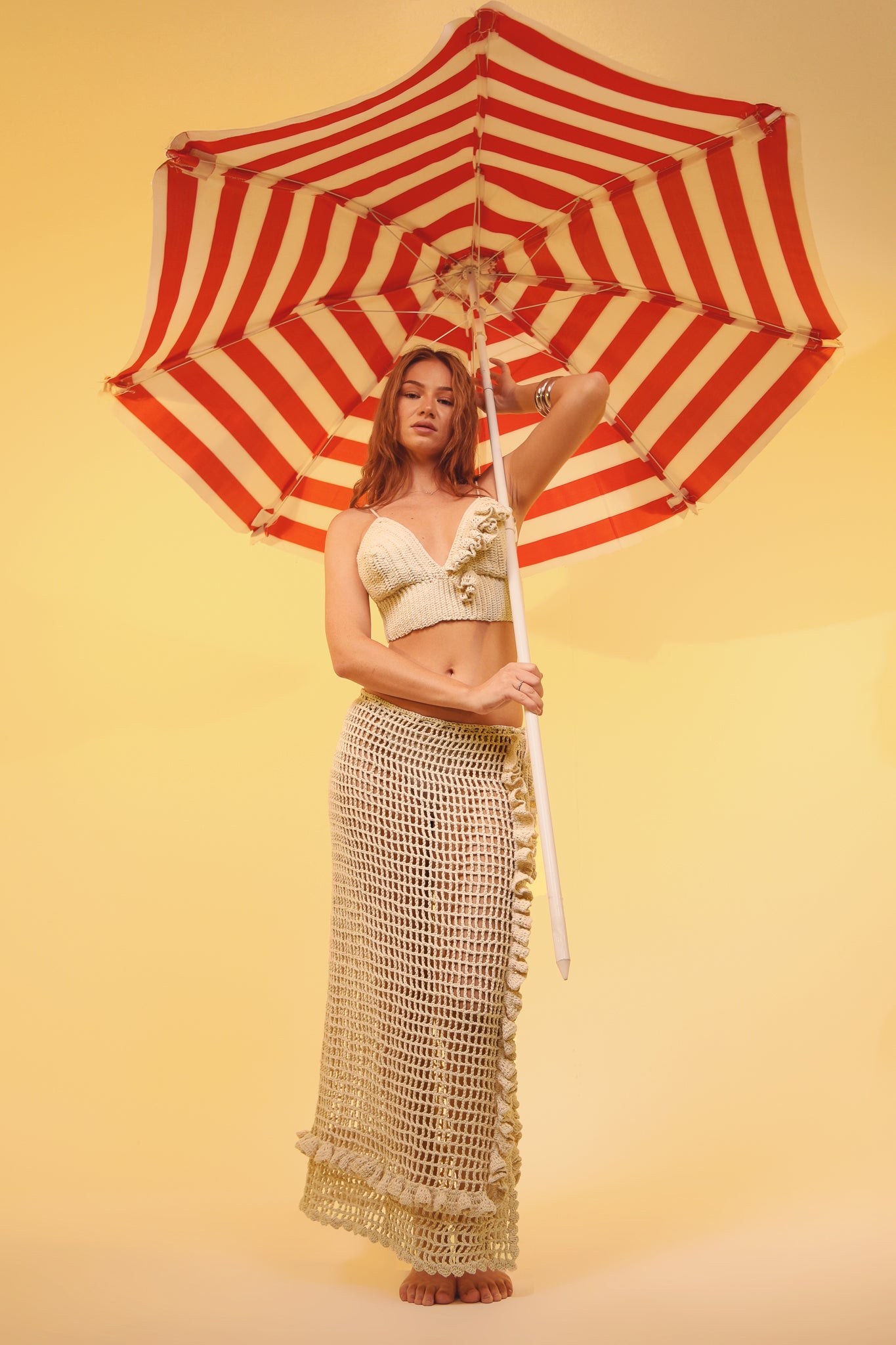 Beige Crochet Frill Crop Top & Maxi Skirt Set