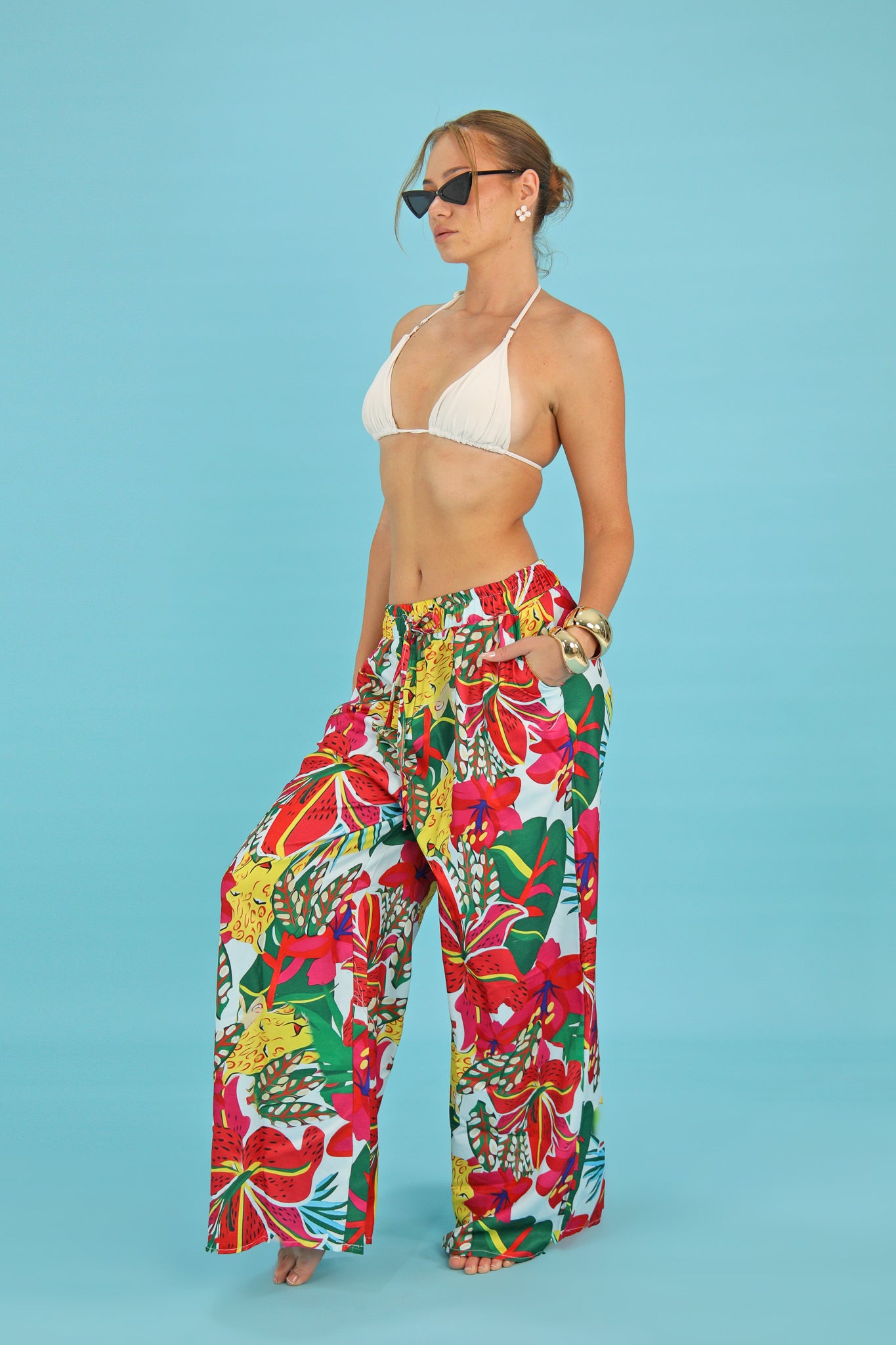 Tropical Red Floral Wide-Leg Pants