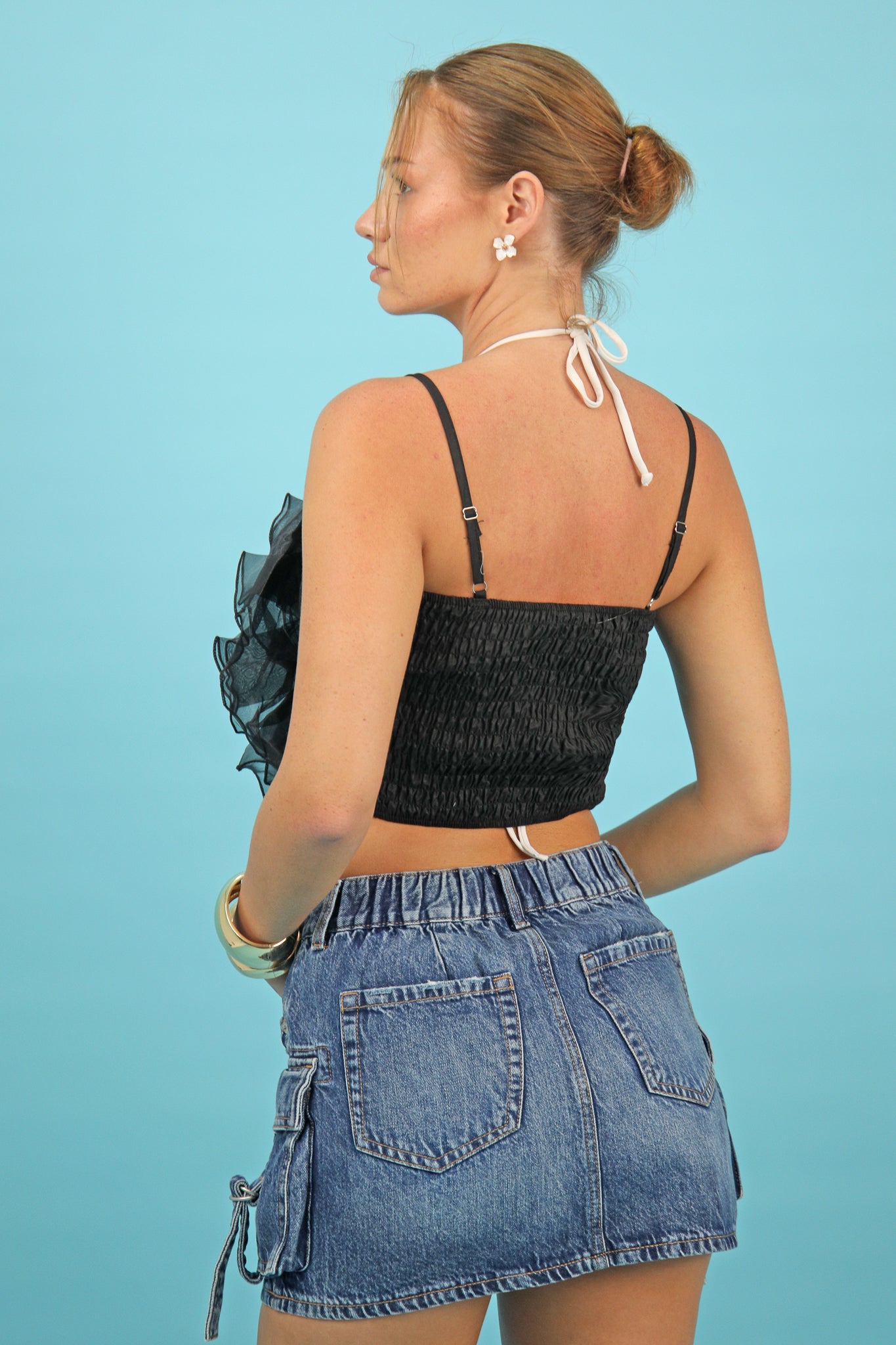 Black Organza Ruffle Halter Top