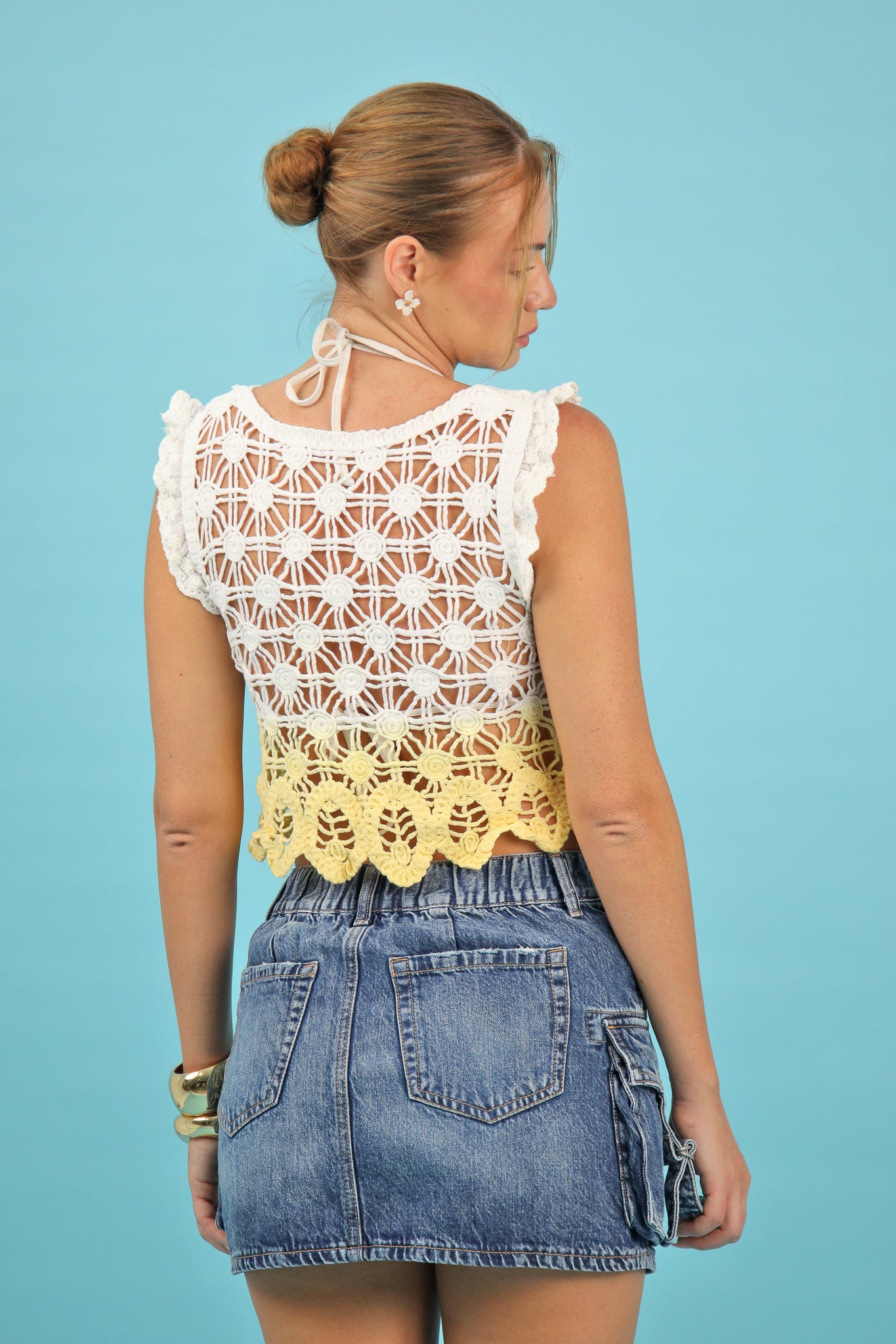White & Yellow Crochet Crop Top
