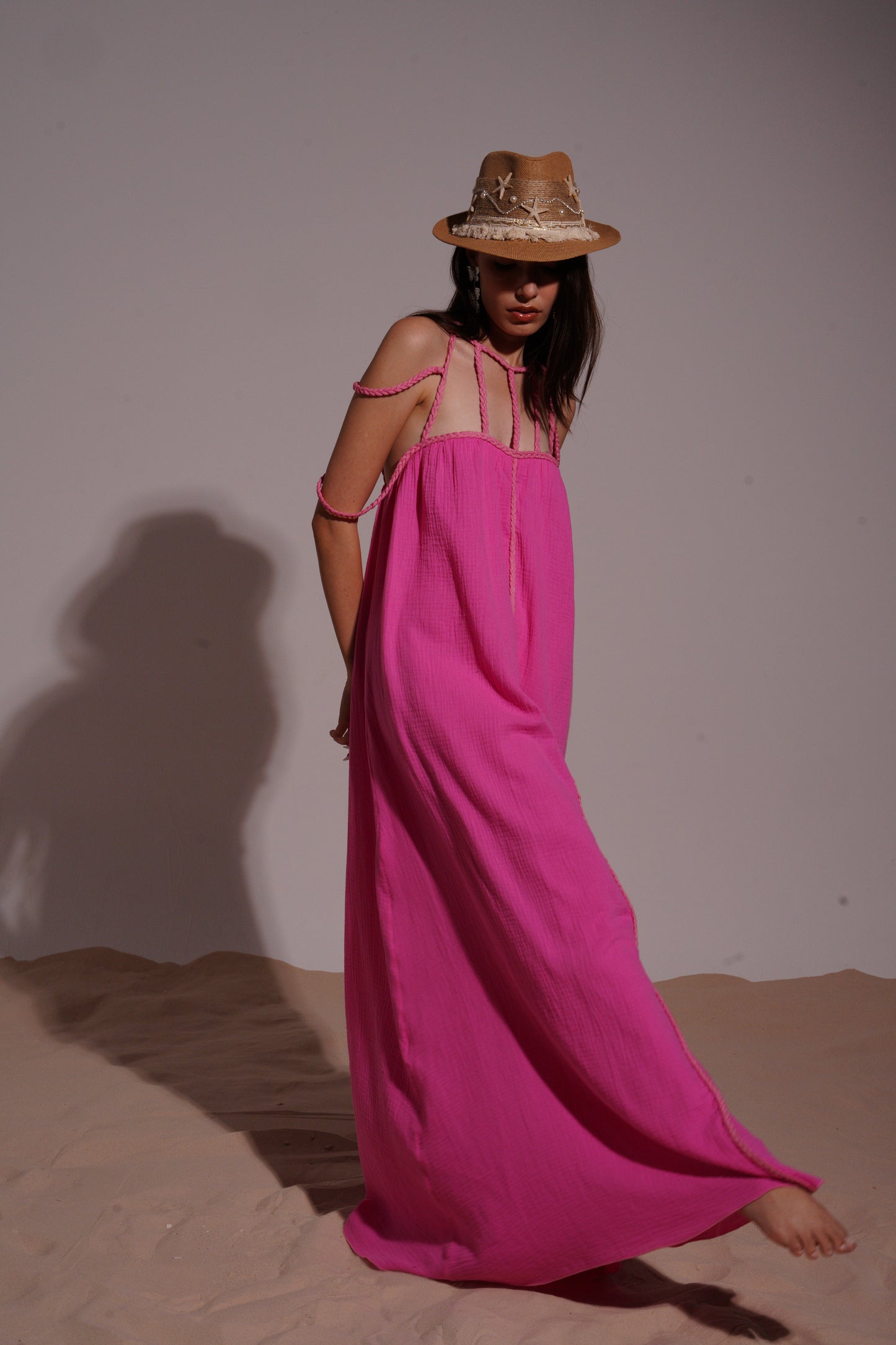 Fushia long loose dress with necklace straps
