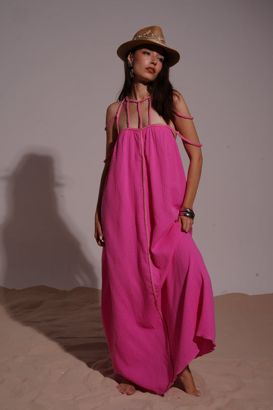 Fushia long loose dress with necklace straps