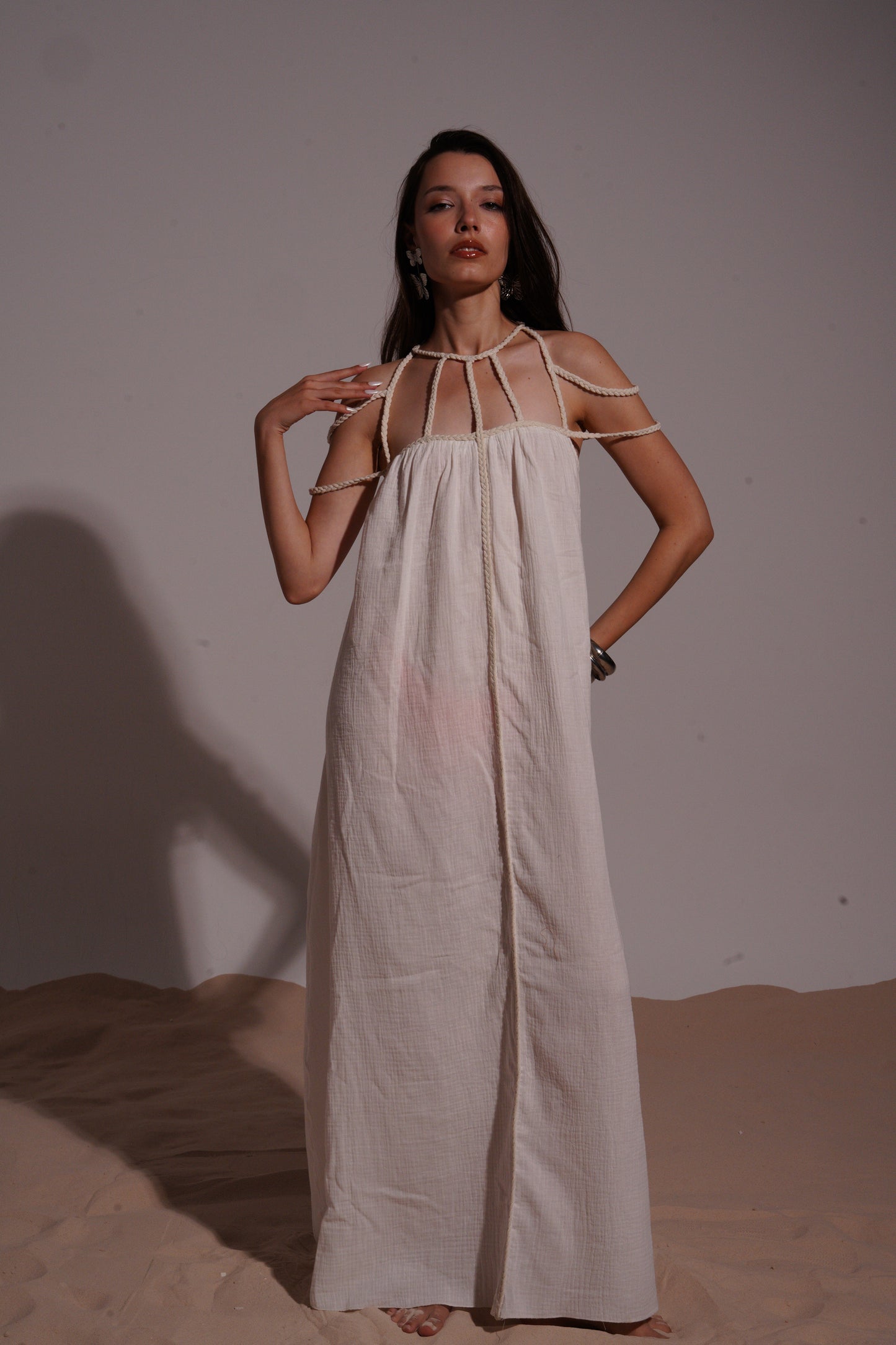 White long loose dress with necklace straps