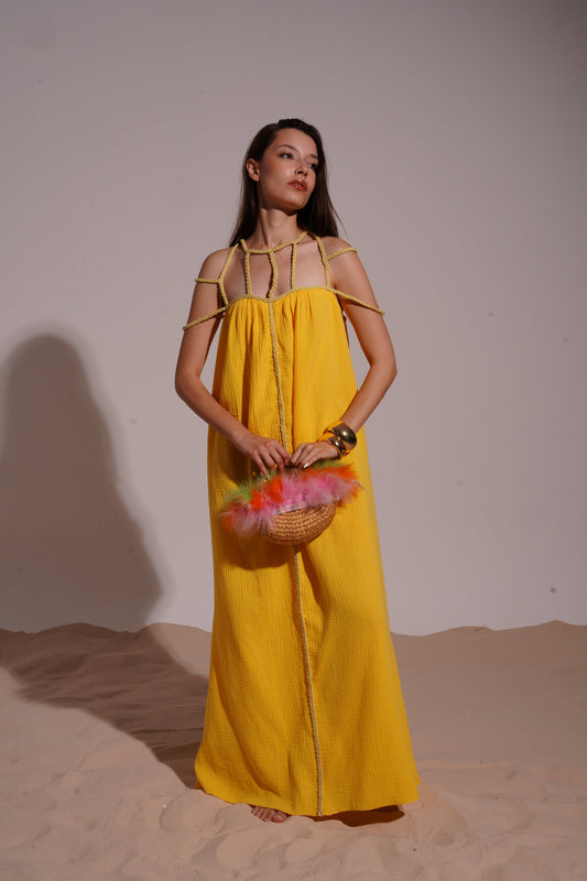 Yellow long dress with stripped necklace