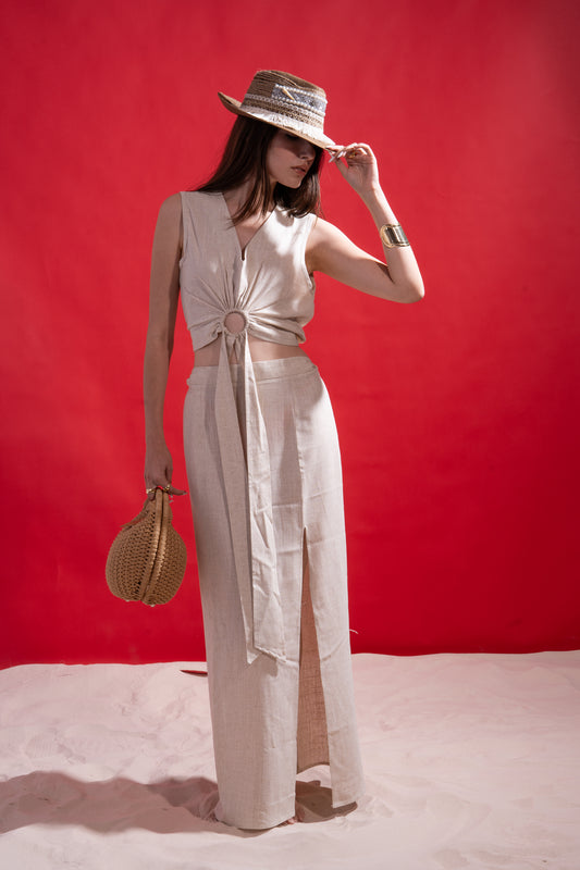 Beige linen 2 piece cut set